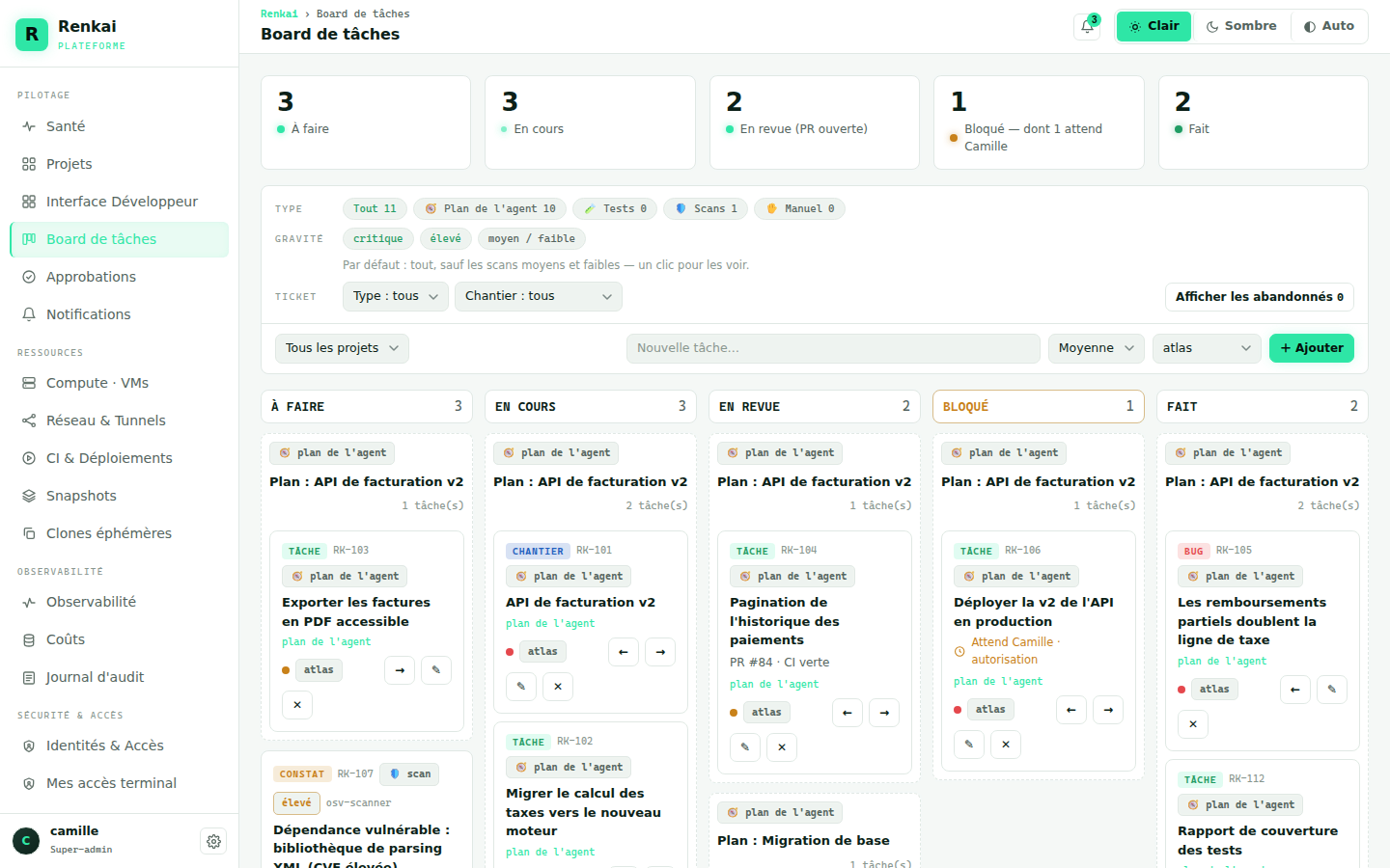 Le board de tâches de Renkai en mode clair, pour le projet Atlas