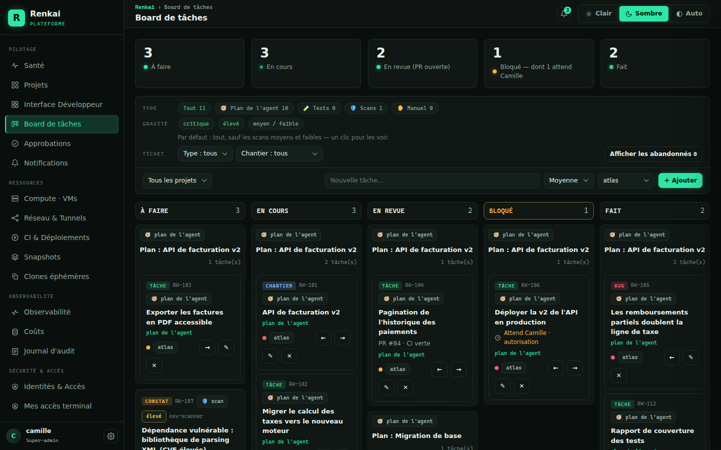Le board de tâches de Renkai : tickets à faire, en cours, en revue, bloqués et faits, pour le projet Atlas