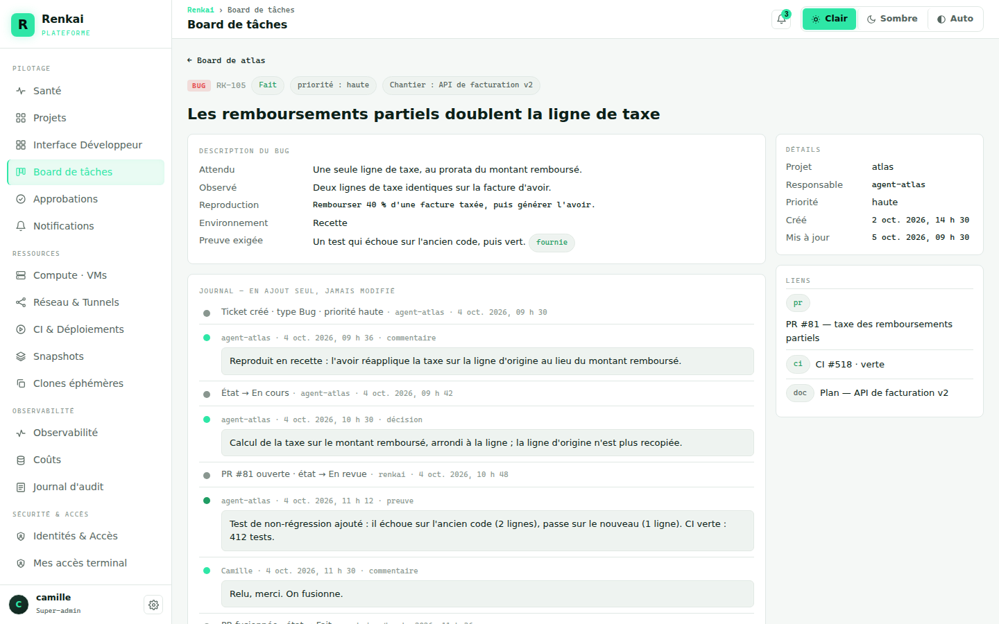 Le même ticket Bug, en mode clair