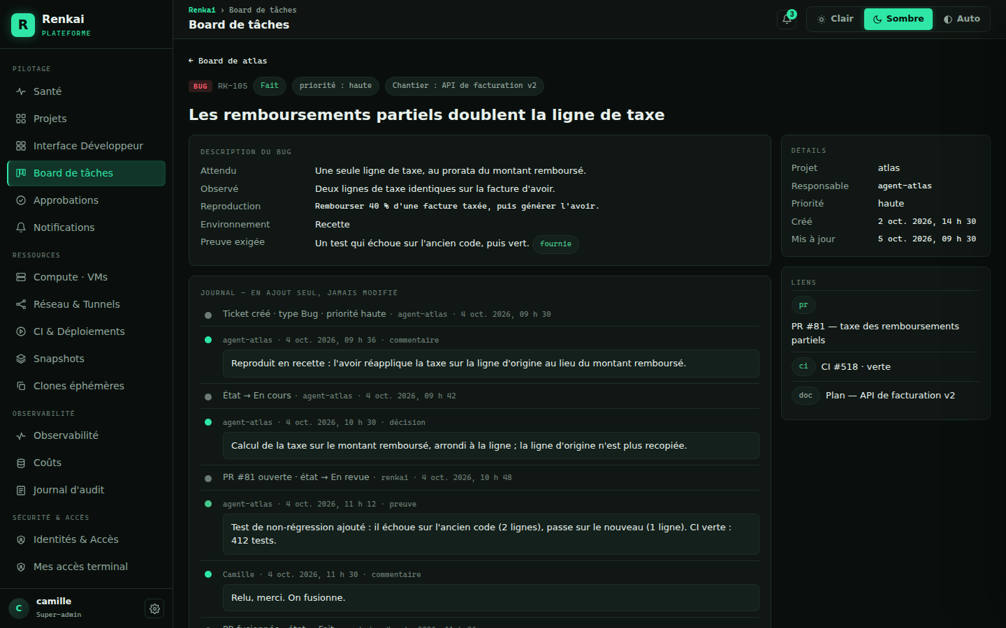 Un ticket Bug avec son journal : constat, décision, preuve, et ses liens vers la correction et les tests