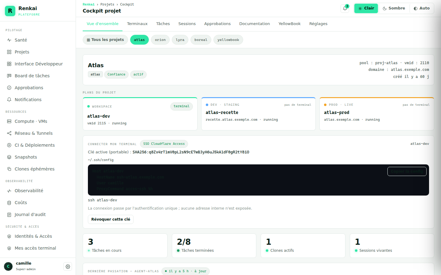 Le cockpit du projet Atlas, en mode clair
