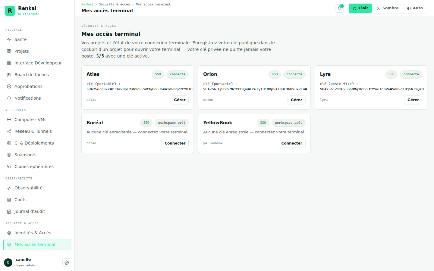 Mes accès terminal, en mode clair