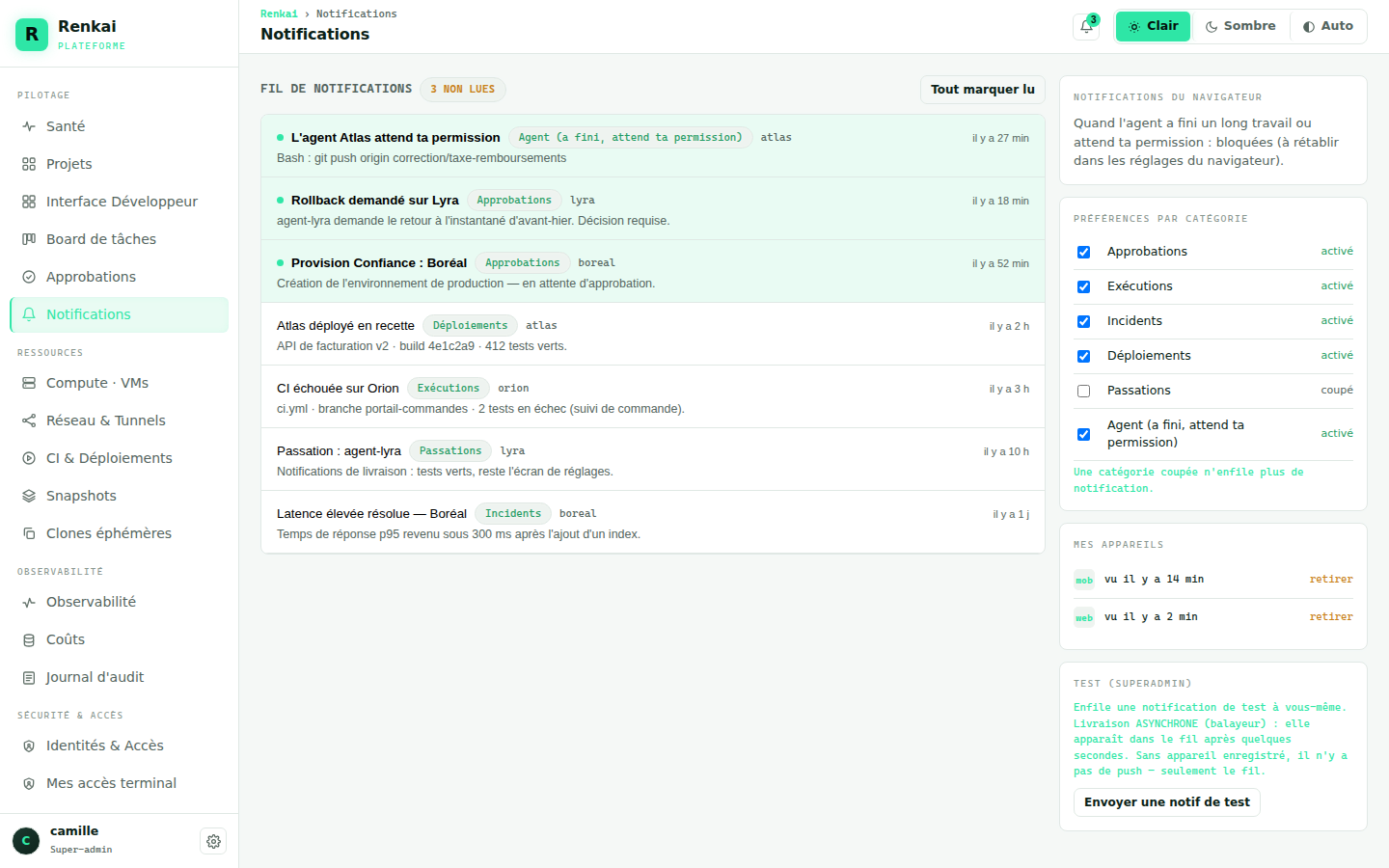 Le fil de notifications, en mode clair