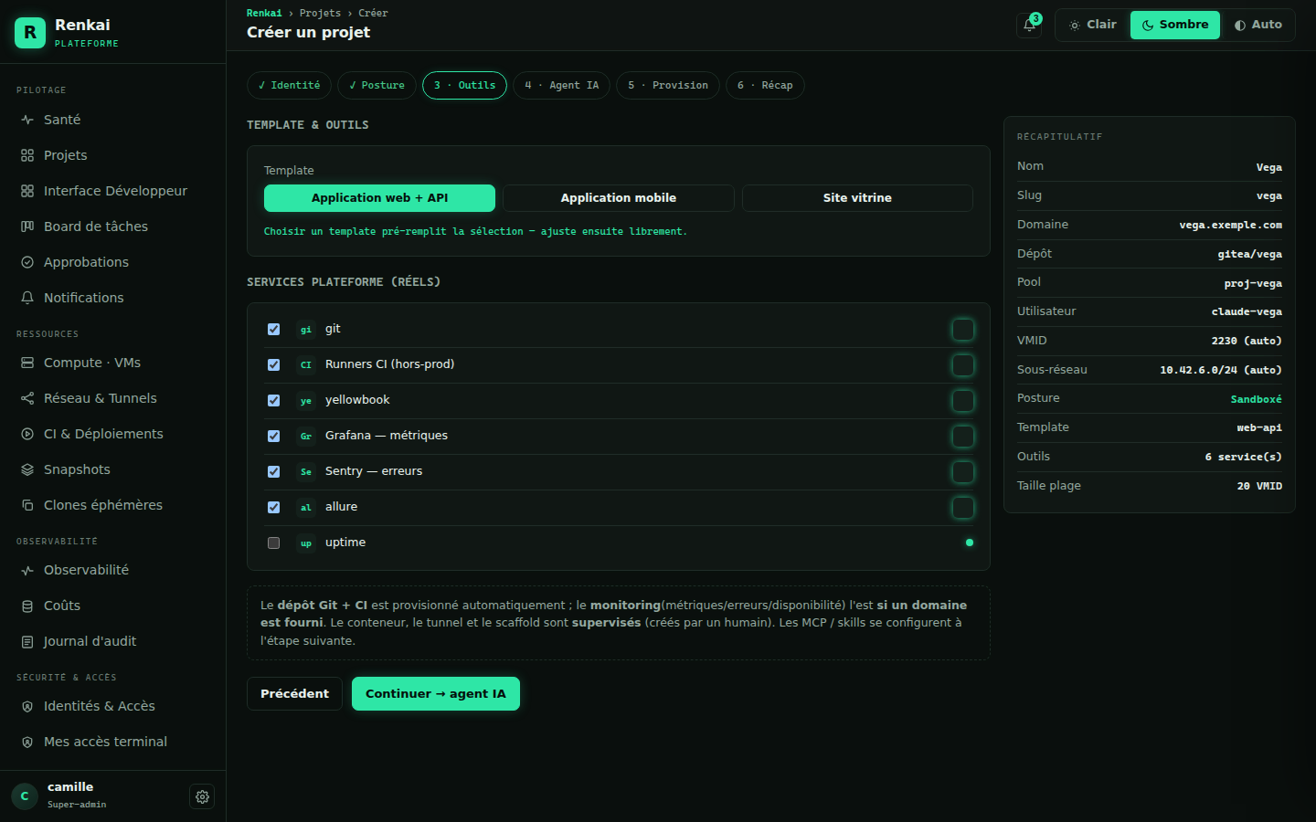 L'assistant de création d'un projet, étape Outils : modèle Application web et API, et les services cochés, comme le dépôt, l'intégration continue, YellowBook et les rapports de tests