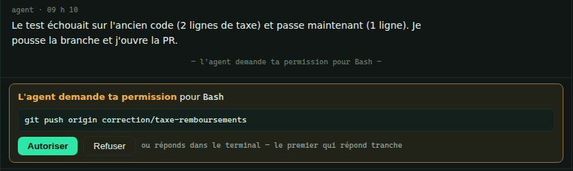L'agent a corrigé le bogue et demande la permission de lancer git push origin correction/taxe-remboursements, avec les boutons Autoriser et Refuser