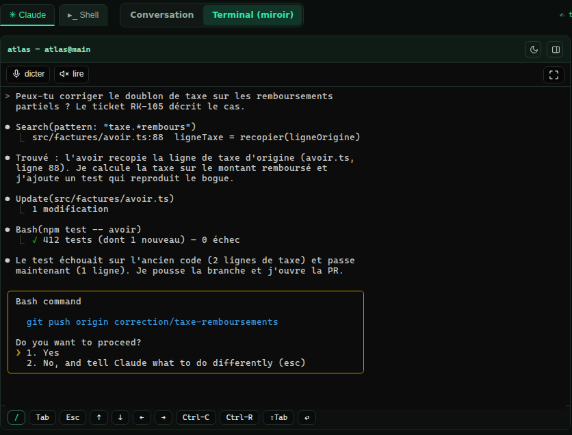 La même session dans l'onglet Terminal (miroir) : les lignes brutes de l'agent, la recherche, la modification, les tests, puis la demande d'exécuter git push origin correction/taxe-remboursements