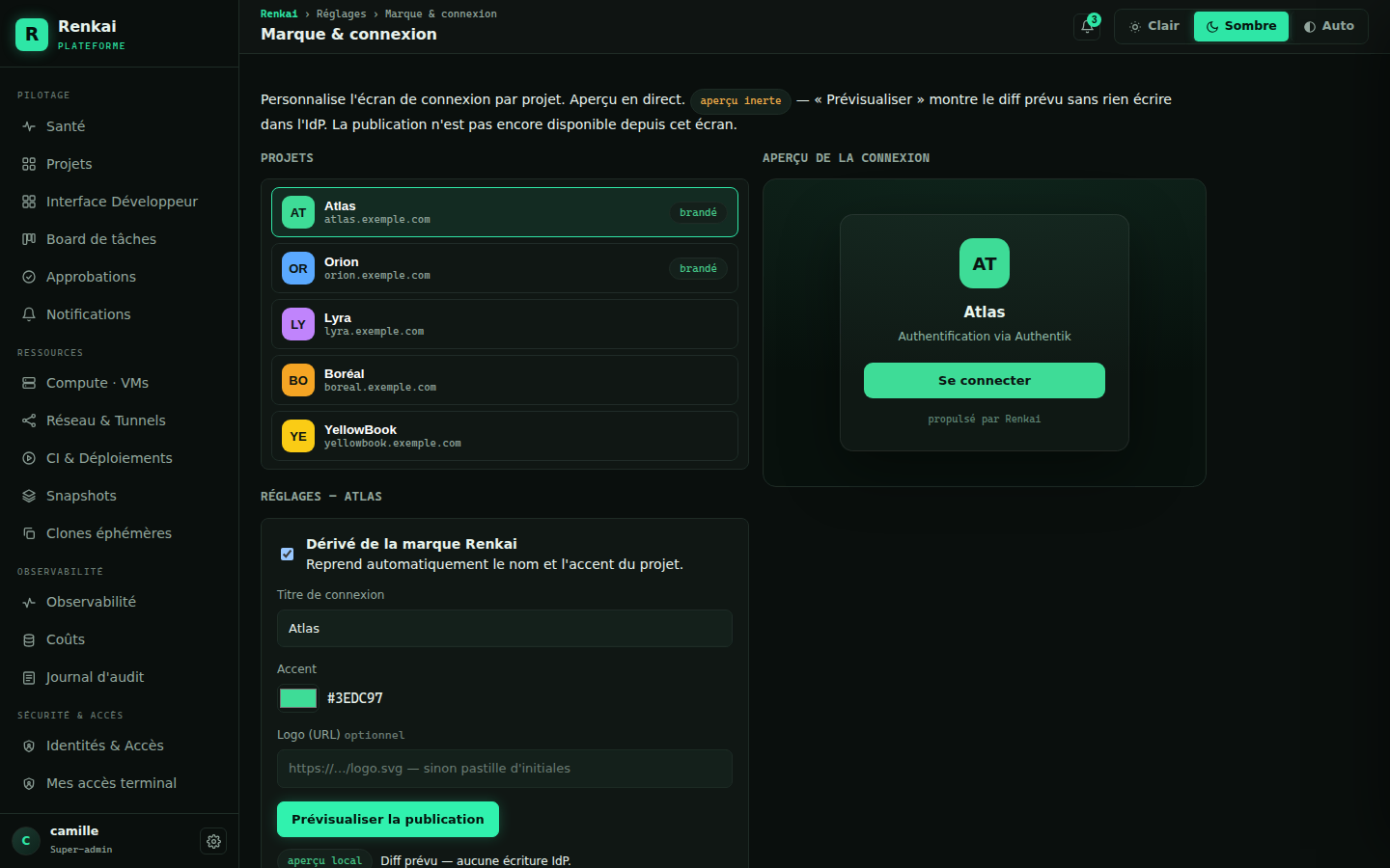 La personnalisation de l'écran de connexion du projet Atlas, avec son aperçu en direct