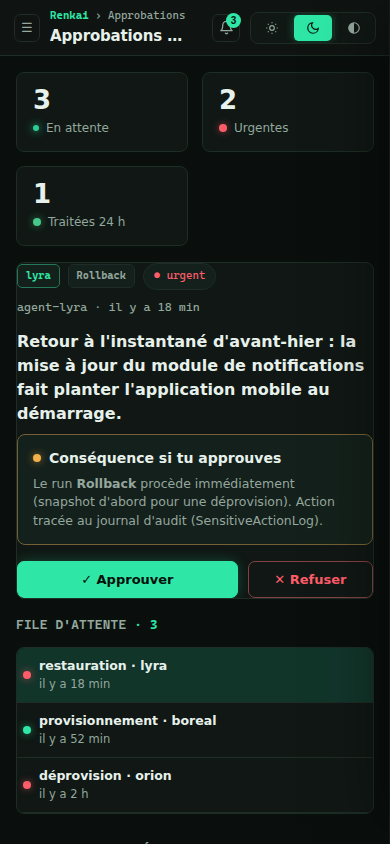 Une approbation sur téléphone : la demande, sa conséquence, Approuver et Refuser