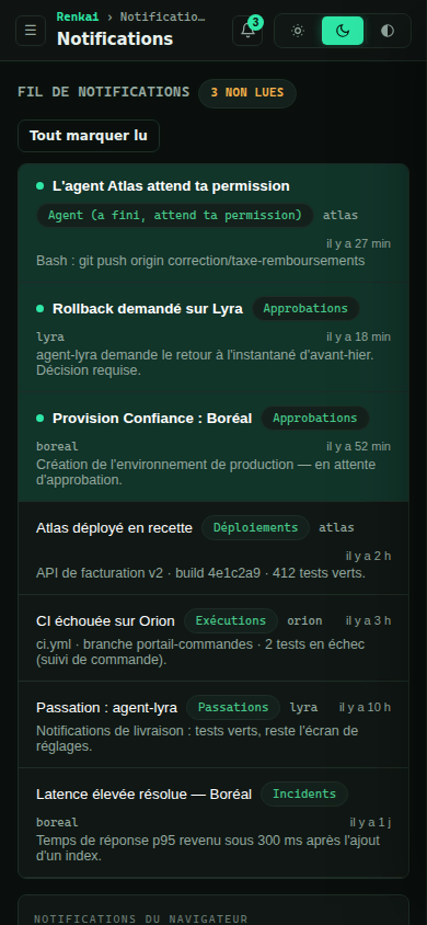 Les notifications sur téléphone : l'agent Atlas attend votre permission, un retour à l'instantané est demandé sur Lyra, une mise en production attend sur Boréal