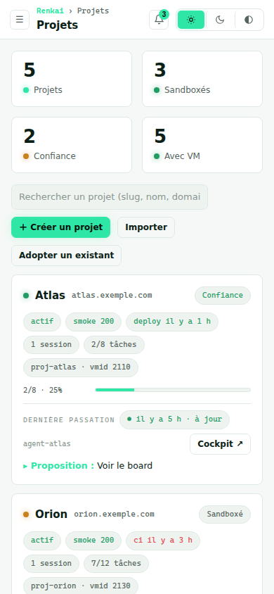 La liste des projets sur téléphone, en mode clair