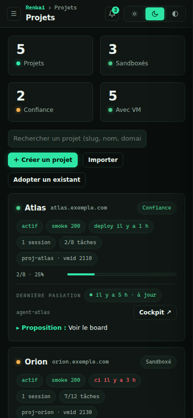La liste des projets sur téléphone : Atlas et Orion, avec leur état, leurs tâches et leur dernière passation