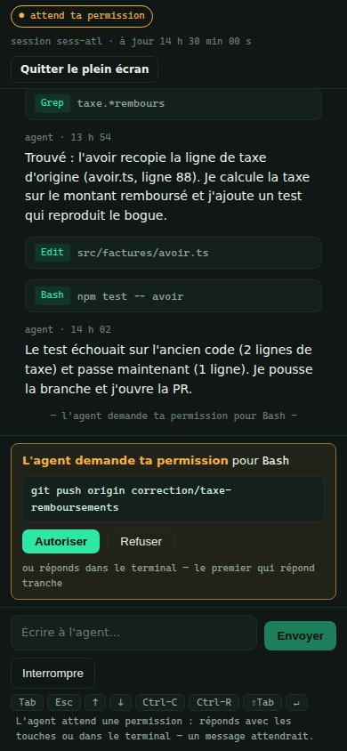 La même conversation sur téléphone, avec la demande de permission et les boutons Autoriser et Refuser