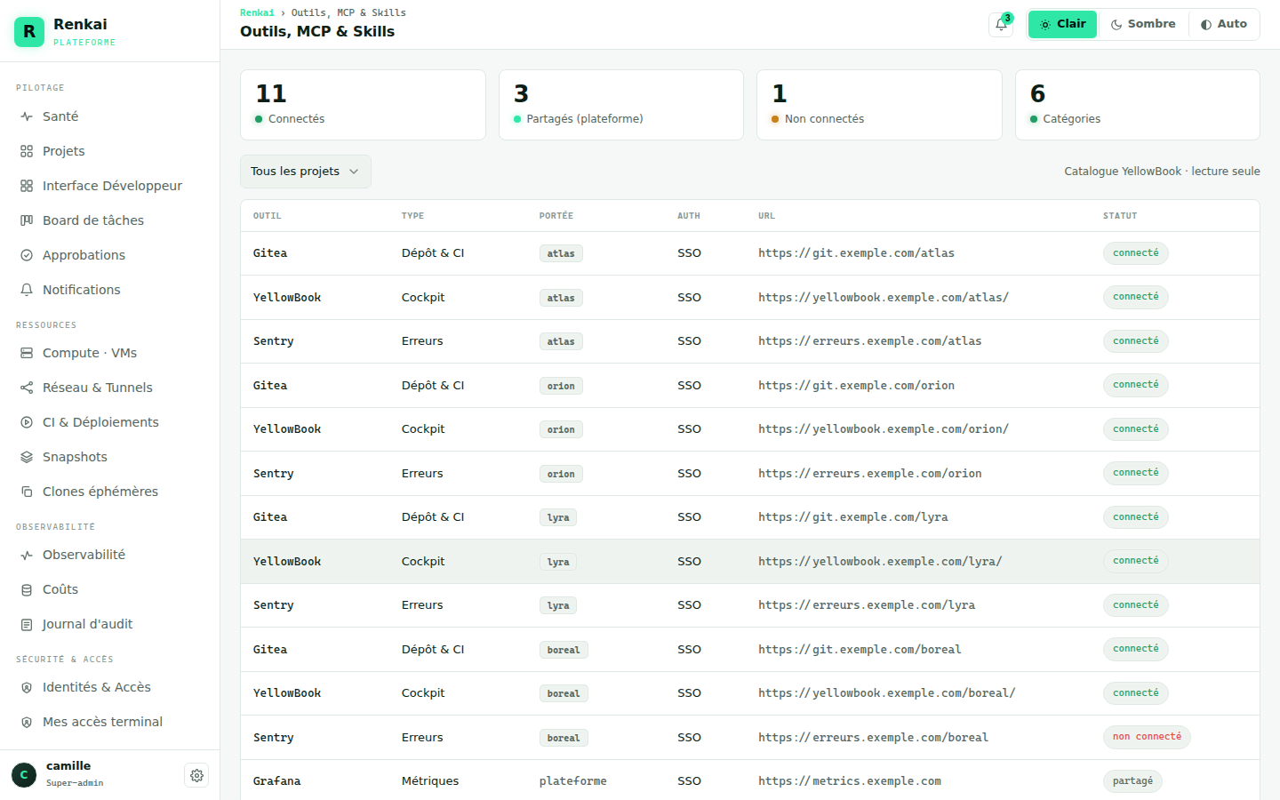La page Outils, MCP et Skills, en mode clair