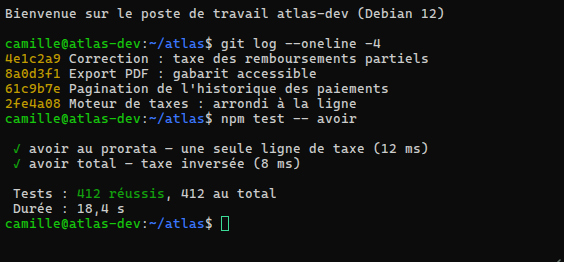 Le terminal du projet Atlas dans la console : l'historique des dernières corrections, puis 412 tests réussis