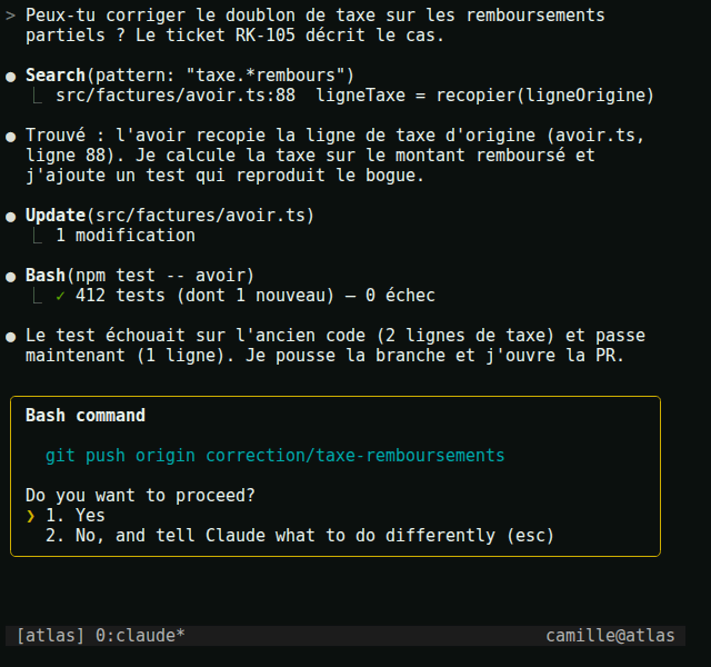 La même session dans un terminal sous WSL : les mêmes lignes, la même demande de permission, et en bas la barre de la session atlas de camille