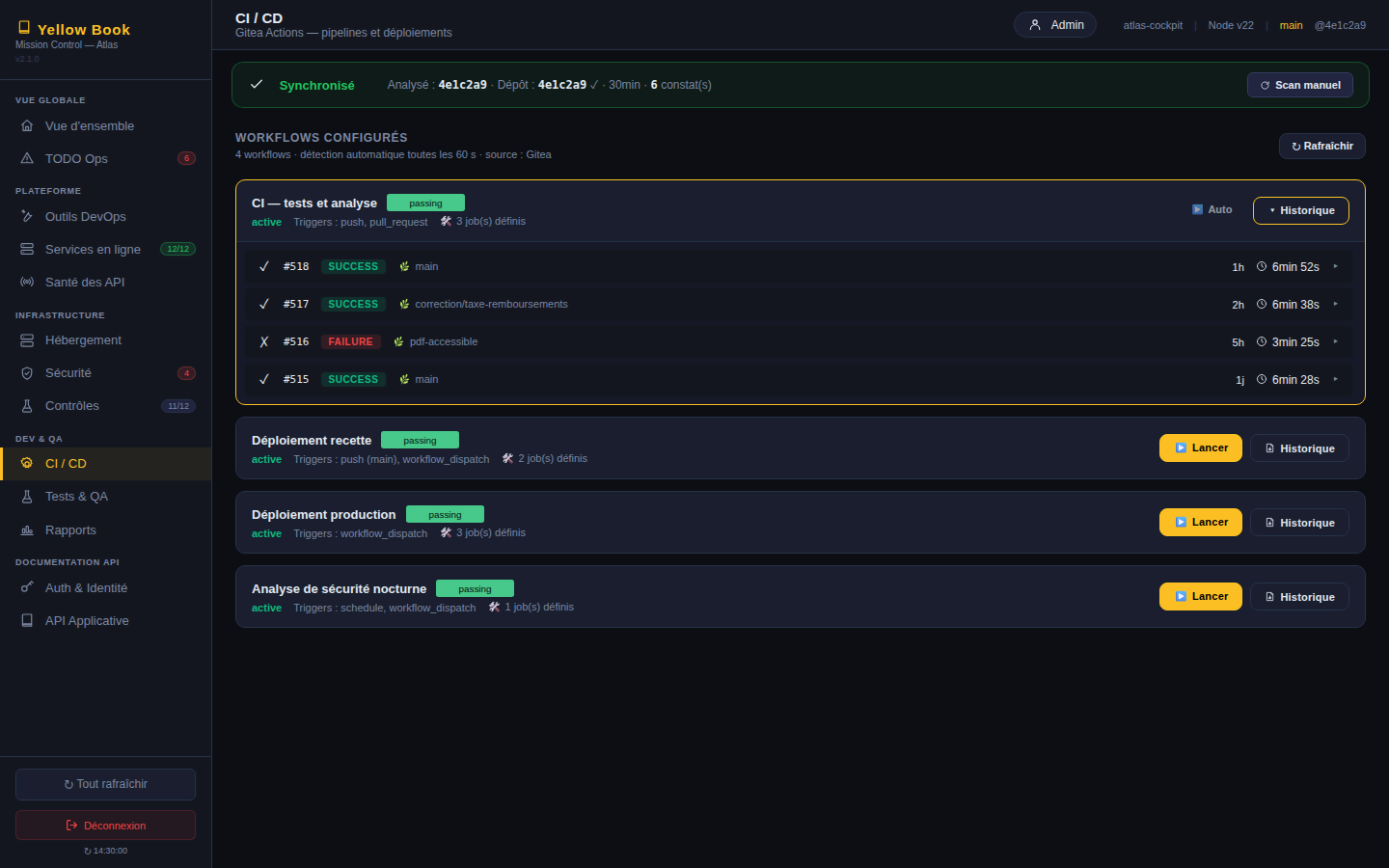 Intégration et déploiements : les workflows, leurs derniers passages et un bouton Lancer