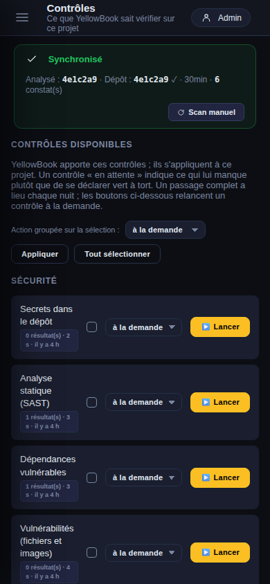 Les contrôles YellowBook sur téléphone, relançables d'un geste